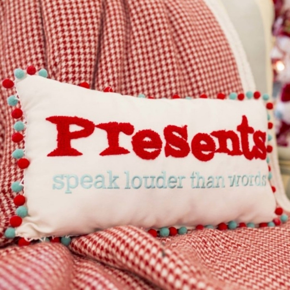 Holiday Pillow Embroidered with Presents phrase and Pom Pom Trim NWT